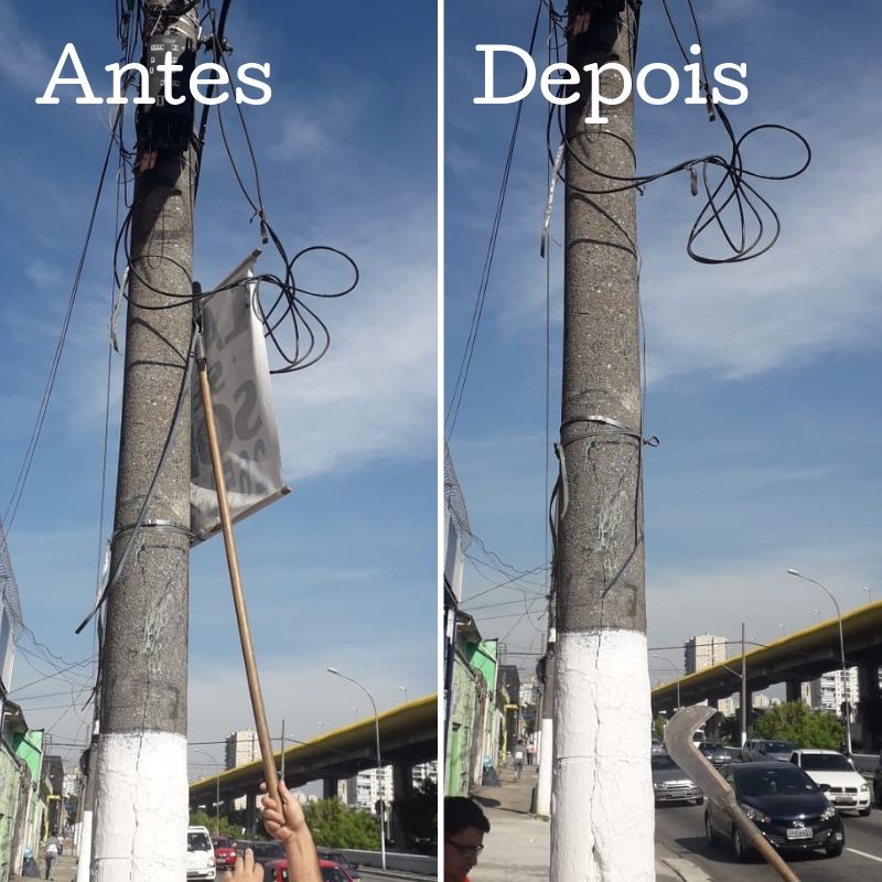 Antes e depois da retirada de um anúncio em um poste na rua das juntas provisórias